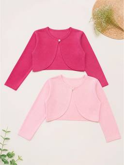 KiddoPanti - Girls Cotton Fleece Solid Full Sleeves Crop Shrugs (Pack of 2)