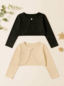 KiddoPanti - Girls Cotton Fleece Solid Full Sleeves Crop Shrugs (Pack of 2)