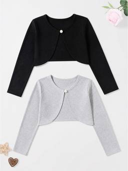 KiddoPanti - Girls Cotton Fleece Solid Full Sleeves Crop Shrugs (Pack of 2)