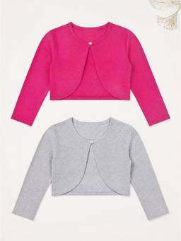 KiddoPanti - Girls Cotton Fleece Solid Full Sleeves Crop Shrugs (Pack of 2)
