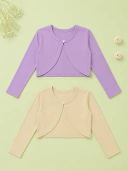 KiddoPanti - Girls Cotton Fleece Solid Full Sleeves Crop Shrugs (Pack of 2)
