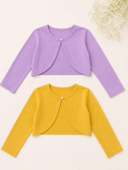 KiddoPanti - Girls Cotton Fleece Solid Full Sleeves Crop Shrugs (Pack of 2)