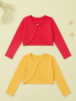 KiddoPanti - Girls Cotton Fleece Solid Full Sleeves Crop Shrugs (Pack of 2)