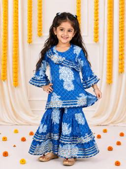 BownBee - Cotton Kurta With Sharara- Blue