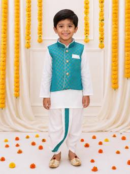 BownBee - Full Sleeves Dhoti & Kurta With Jacquard Jacket - Green