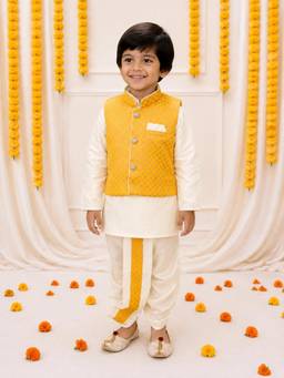 BownBee - Full Sleeves Dhoti & Kurta With Jacquard Jacket - Yellow