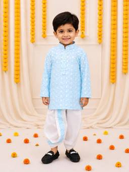 BownBee - Chikan Cotton Full Sleeves Dhoti With Kurta - Blue