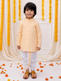 BownBee - Chikan Cotton Full Sleeves Dhoti With Kurta - Orange