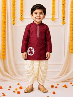 BownBee - Fullsleeves Embroidered Dhoti With Kurta - Maroon