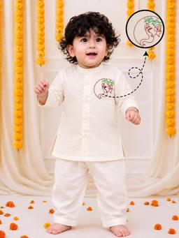 BownBee - Pure Cotton Embroidered Kurta With Pajama - Off White