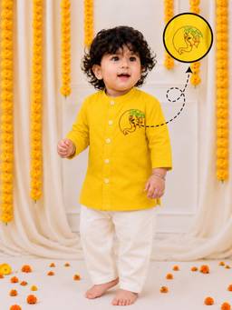 BownBee - Pure Cotton Embroidered Kurta With Pajama -Yellow