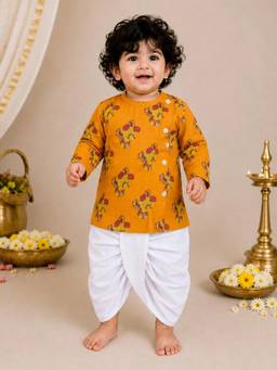 BownBee - Pure Cotton Full Sleeves Quirky Dhoti With Kurta - Orange