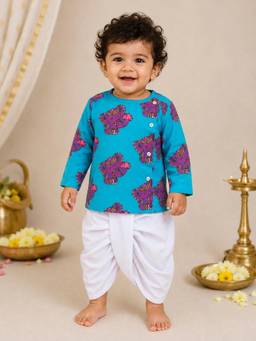 BownBee - Pure Cotton Full Sleeves Quirky Dhoti With Kurta - Sky Blue