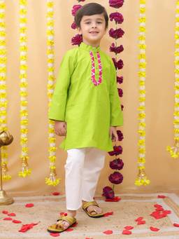 BownBee - Full Sleeves Cotton Kurta With Pajama - Green