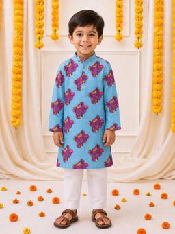 BownBee - Full Sleeves Cotton Kurta With Pajama - Blue