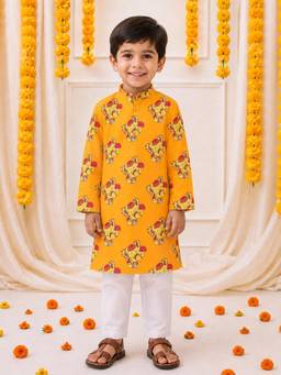 BownBee - Full Sleeves Cotton Kurta With Pajama - Orange