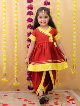 BownBee - Angrakha Style Kurta With Dhoti - Maroon