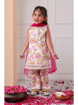 Foreverkidz - Basanti Floral Kurta With Pant & Dupatta