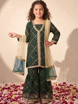 AJ Dezines - Green Sequins And Embroidery Georgette Kurta With Dupatta & Sharara