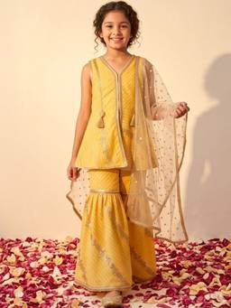 AJ Dezines - Yellow Sequins And Embroidery Georgette Kurta With Dupatta & Sharara