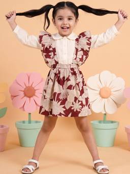 AJ Dezines - Maroon Floral Pure Cotton Pinafore Dress With Shirt