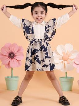 AJ Dezines - Navy Blue Floral Pure Cotton Pinafore Dress With Shirt
