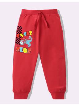 KAVEE - Pure Cotton Knit Biowashed Full Length Cycle Club Printed Lounge Joggers - Red