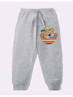 KAVEE - Pure Cotton Knit Biowashed Full Length Cute Teddy Printed Lounge Joggers - Grey