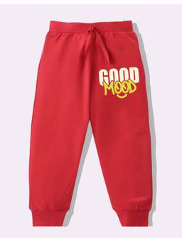 KAVEE - Pure Cotton Knit Biowashed Full Length Good Mood Printed Lounge Joggers - Red