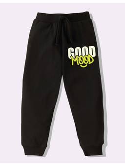 KAVEE - Pure Cotton Knit Biowashed Full Length Good Mood Printed Lounge Joggers - Black