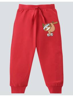 KAVEE - Pure Cotton Sloth Printed Bio Washed Joggers - Red
