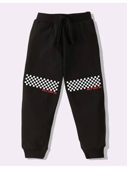 KAVEE - Pure Cotton Knit Race Mode On Printed Biowashed Lounge Joggers - Black