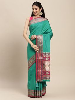 Sangam Prints - Rama Green Silk Woven Work Traditional Tassle Saree with Unstitched Blouse