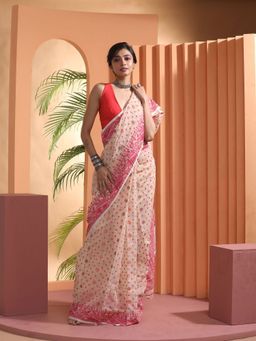Beatitude - Beige Jacquard Jamdani Saree with Unstitched Blouse
