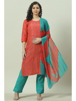 Biba - Red Silk Unstitched Suit (Set of 3)
