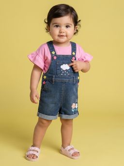 Nautinati - Girls' Cloud, Rain, bees & Flower Embroidered Denim Dungaree