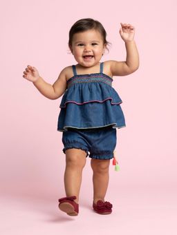 Nautinati - Nautinati Girls' Denim Hem Embroidered Smocked Strappy Top & Shorts