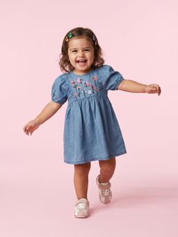 Nautinati - Girls’ Denim Floral, Dragonfly Embroidery Fit & Flare Dress
