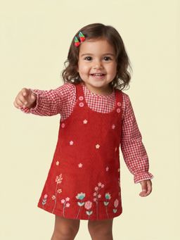 Nautinati - Girls Corduroy Embroidered Dungaree with Cotton Checked T-shirt (Set of 2)