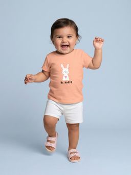 Nautinati - Girls' Cotton Bunny Printed Top and Shorts Co-ord Set with Snap Buttons