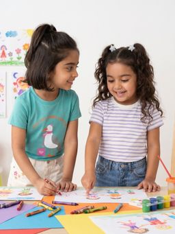 Nautinati - Girls' Pack of 2 Cotton Striped and Seagull Printed T-shirts