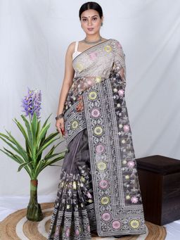 Odette - Black Organza Embroidered Saree with Unstitched Blouse