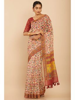 Soch - Women Beige Linen Saree with Unstitched Blouse