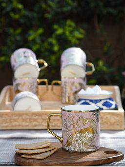 Femora - Pink Peacock Pattern Fine Bone China Golden Tea Cups - 180Ml - 6 Pcs Set