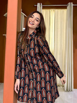 Gerua By Libas - Black Ethnic Motif Printed Flared Shirt Style Kurti