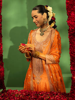 Libas Art - Orange Ethnic Motif Embroidered Kurti with Palazzo and Dupatta