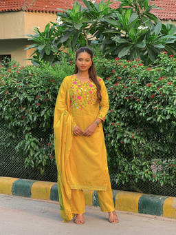 Libas - Women Mustard Floral Kurta with Pant & Dupatta