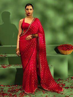 Libas - Red Floral Motif Printed Saree With Embellished Border Saree With Unstitched Blouse