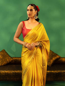 Libas - Women Yellow Floral Embroidered Saree