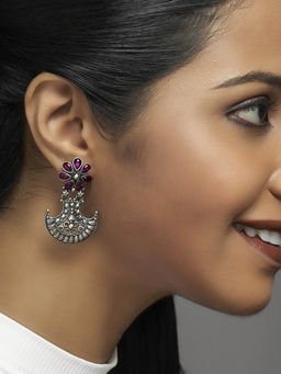 Divas Mantra - 92.5 Silver Oxidised Purple Cosmos Earrings with Red Spinel Stones and CZ Stone